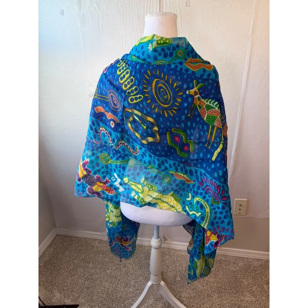 Jasmine by K.V.M. Blue Cotton Beaded Trim Animal Print Scarf Wrap Sarong India